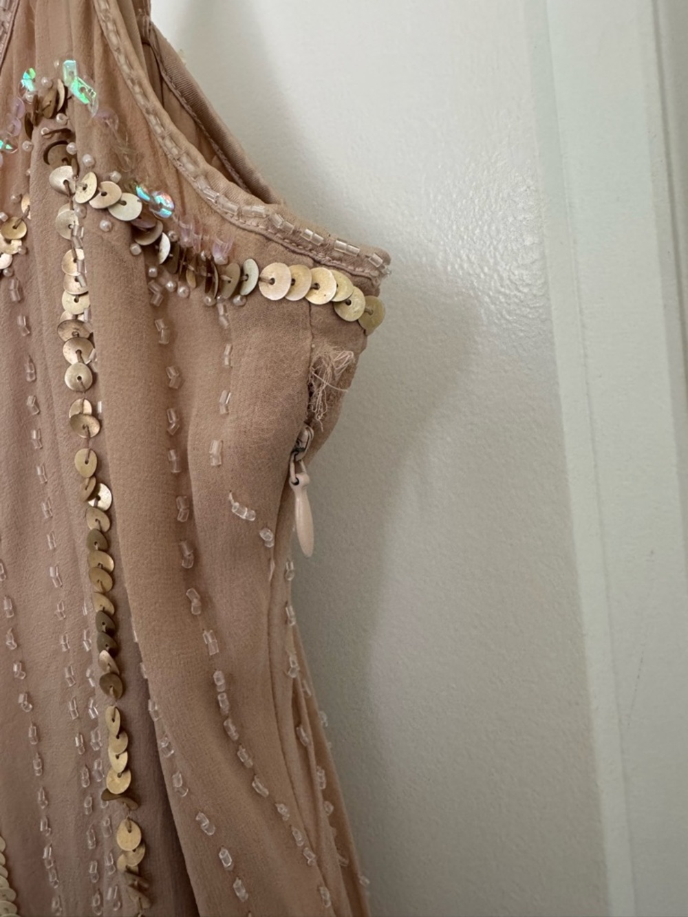 bebe Nude-Beige Sequin Drop Waist Asymmetrical 100% silk Slip Dress - Picture 3 of 6